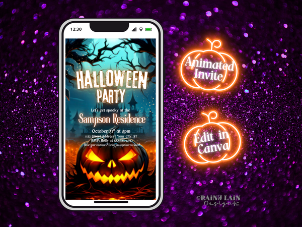 Video Halloween Invite, Digital Halloween Party Invitation, Animation Invite, Animated Pumpkin Invite, Halloween eCard, Editable Template