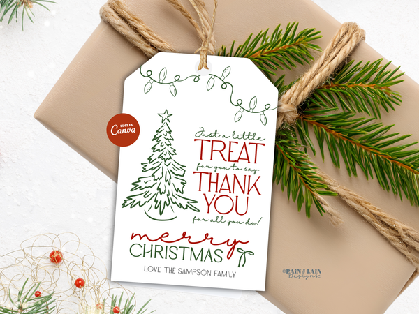 Holiday Employee Appreciation Tag, Hand Drawn Christmas Gift Tag, Printable and Editable Canva Template