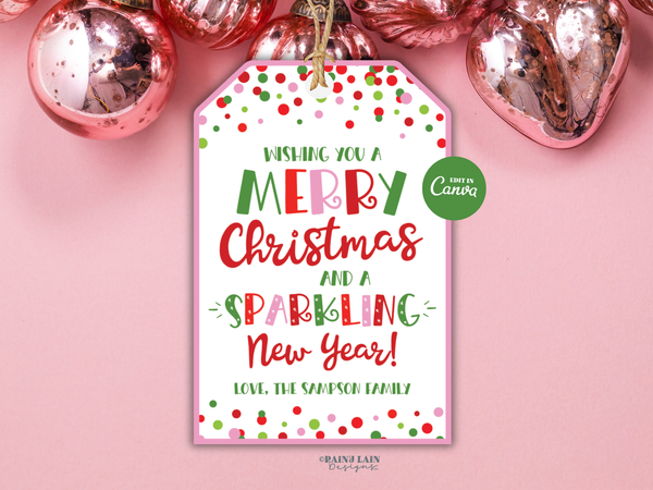 Merry Christmas and Sparkling New Year Tag, Editable Printable Pink Gift Tag