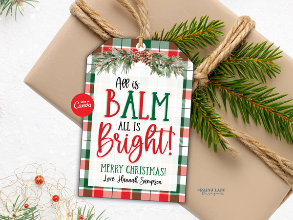All is BALM Plaid Christmas Gift Tag for Chapstick Lip Balm, Editable in Canva