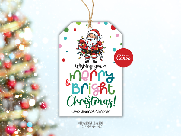Christmas Lights Gift Tag, Merry and Bright Holiday, Printable, Editable in Canva