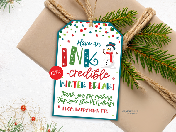 Teacher Gift Pen, Winter Break Classroom Gift Tag, Editable in Canva