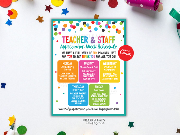 Editable Teacher Appreciation Week Schedule Flyer Itinerary Luncheon Invitation Invite Week of fun for you to Thank you for all you do