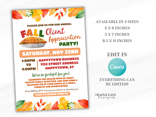 Fall Client Appreciation Party Flyer, Editable Pie Event Invitation