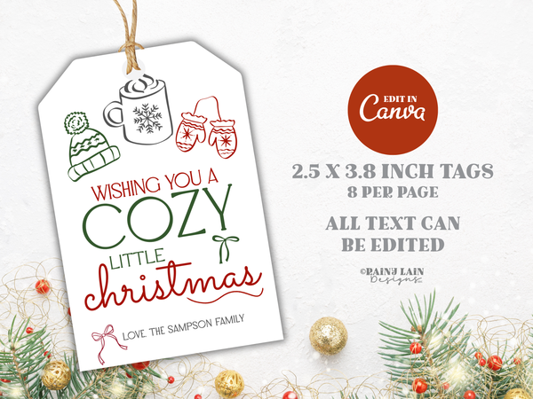 Cozy and Bright Christmas Mug Gift Tag, Hand Drawn, Coquette, Printable and Editable Canva