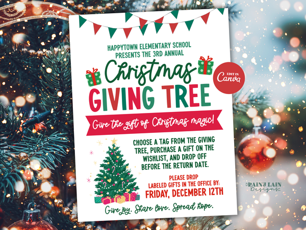 Christmas Giving Tree Gift Tag, Angel Tree Flyer, Editable in Canva