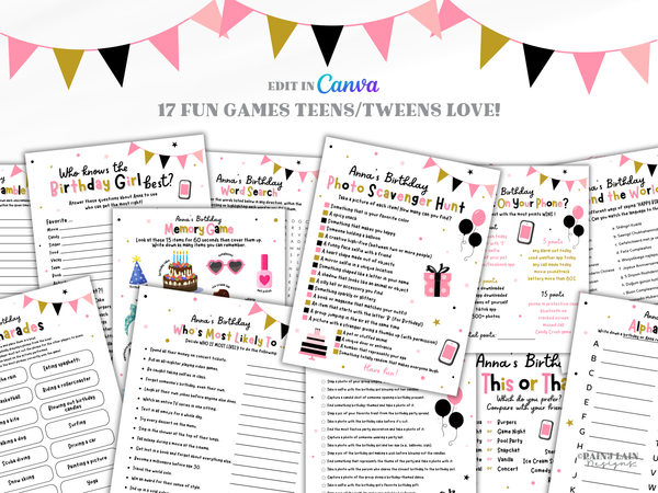 Printable Teen Birthday Party Games, Teen Girl Birthday Party Games Bundle, Editable Birthday Scavenger Hunt for Tweens and Teens, 17 Games