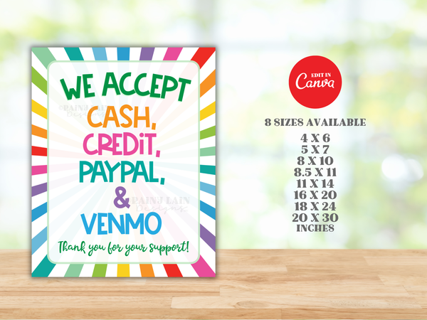 We Accept Cash and Credit Cards Sign Editable PayPal Venmo Cookie Booth Printable Bake Sale Fundraiser Bakery Craft Show Handmade Payment