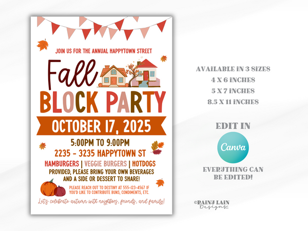 Editable Fall Block Party Flyer, Autumn Invitation, Harvest Canva Template