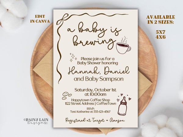 A Baby is Brewing Shower Bundle, Coffee Baby Shower Invitation, Doodle Hand Drawn Invite, Baby Shower Editable Bundle, Canva Template