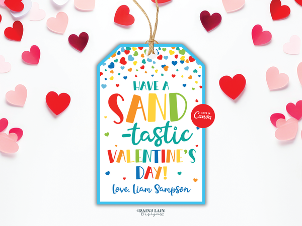 Sand-tastic Valentine Tag, Editable Kids Classroom Printable for Play Sand