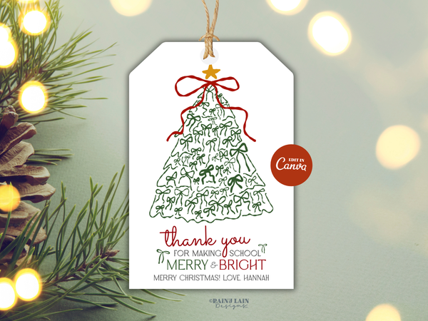Merry and Bright Gift Tag, Hand Drawn Coquette Bow Tree Christmas, Printable and Editable Canva