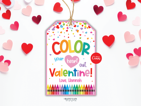Coloring Book Valentine Tag, Color Your Heart Out, Crayon Classroom Printable, Editable Canva Template