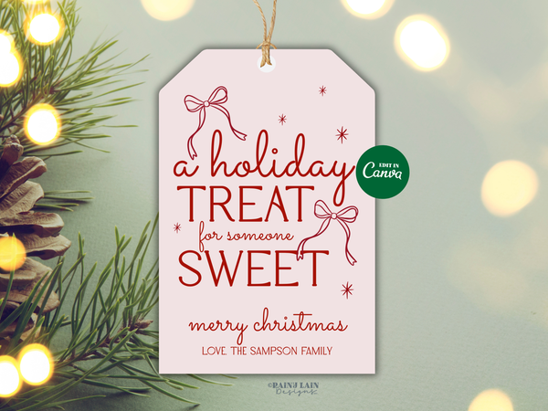Pink Coquette Bow Holiday Treat Tag Template, Hand Drawn Christmas Gift Editable in Canva