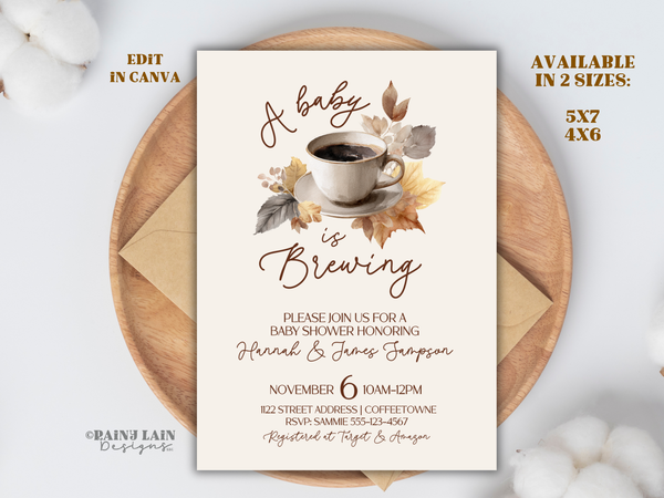A Baby is Brewing Baby Shower Invitation Bundle, Watercolor Coffee Baby Shower Template, Editable Baby Shower Invite with Autumn Leaves