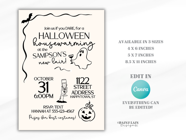 Halloween Housewarming Invitation Template, Party Invite, Editable in Canva, Hand drawn doodles
