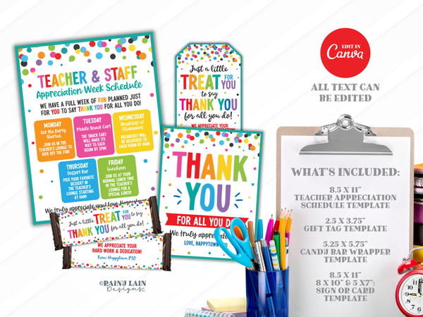 Teacher Appreciation Week Bundle, PTO Staff Kit, Editable Canva Templates, Candy Bar Wrapper, Gift Tag, Schedule, Thank You Sign/Card