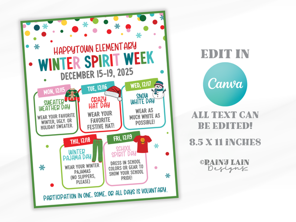 Winter School Spirit Week Flyer, Holiday PTO Templates, Editable in Canva