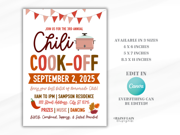 Editable Fall Chili Cook-Off Flyer, Chili Cook Off Contest, Invitation Template, Chili Competition Fundraiser, Canva Template