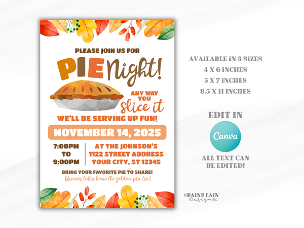 Pie Night Invitation, Pie Fundraiser Flyer, Pie and Wine, Pie and Cocktails Friendsgiving Thanksgiving Pie Making Contest Pie Eating Contest