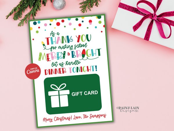 Personalized Christmas Gift Card Holder, Dinner On Us Teacher Gift Idea, Editable in Canva, Printable