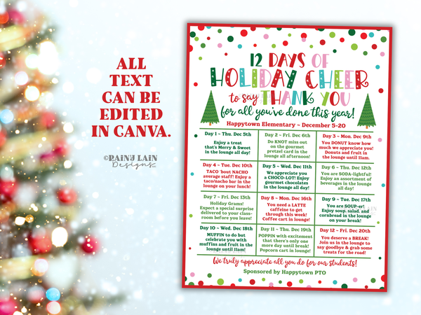 Editable Christmas Holiday Appreciation Flyer Template, 12 Days of Holiday Cheer, Christmas Calendar, Teacher School PTO PTA Event Itinerary