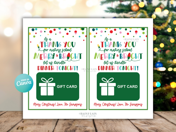 Personalized Christmas Gift Card Holder, Dinner On Us Teacher Gift Idea, Editable in Canva, Printable