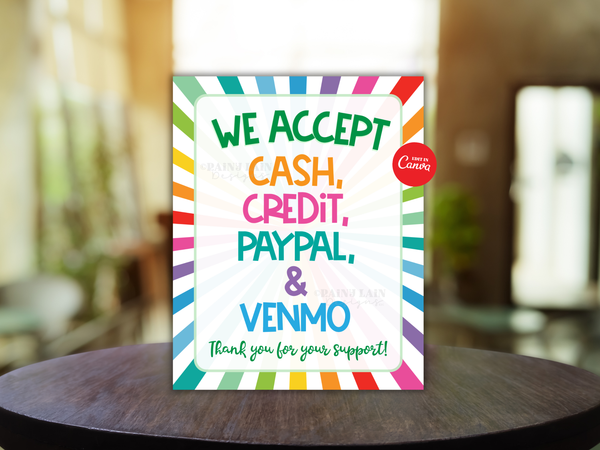 We Accept Cash and Credit Cards Sign Editable PayPal Venmo Cookie Booth Printable Bake Sale Fundraiser Bakery Craft Show Handmade Payment
