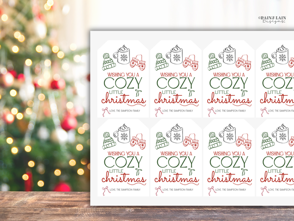 Cozy and Bright Christmas Mug Gift Tag, Hand Drawn, Coquette, Printable and Editable Canva