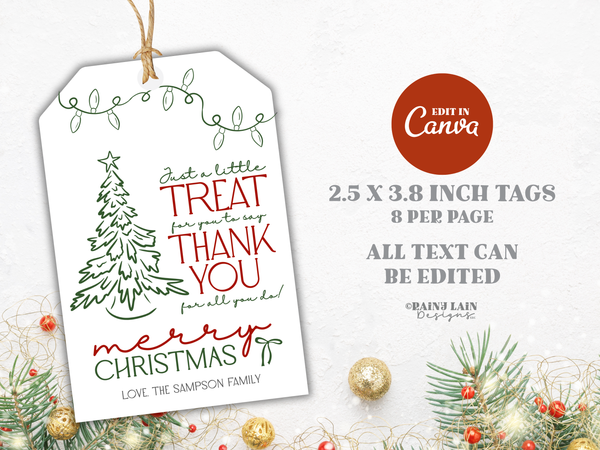 Holiday Employee Appreciation Tag, Hand Drawn Christmas Gift Tag, Printable and Editable Canva Template