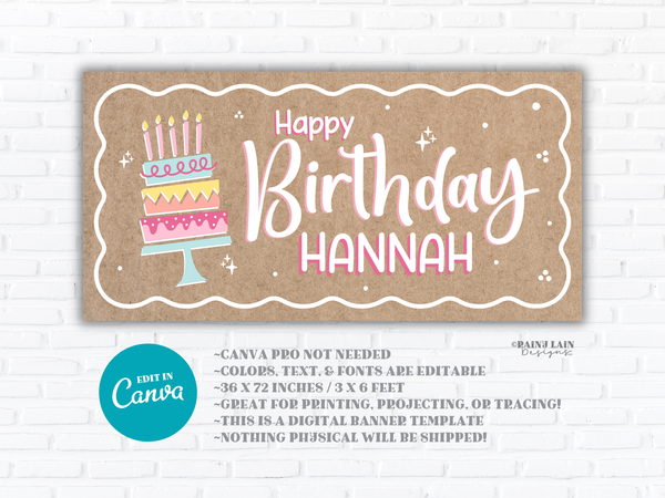 Happy Birthday Banner Template with Cake, Editable Canva Banner, 36 x 72, DIY Painted Sign