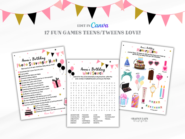 Printable Teen Birthday Party Games, Teen Girl Birthday Party Games Bundle, Editable Birthday Scavenger Hunt for Tweens and Teens, 17 Games