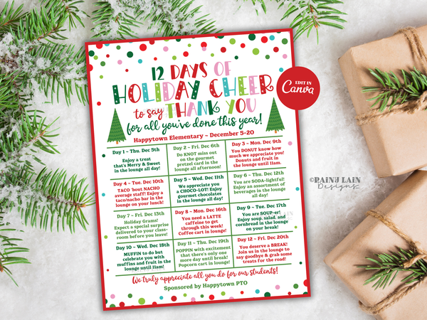 Editable Christmas Holiday Appreciation Flyer Template, 12 Days of Holiday Cheer, Christmas Calendar, Teacher School PTO PTA Event Itinerary