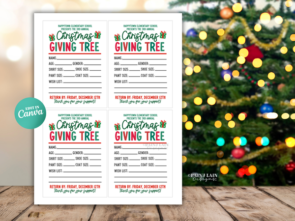 Christmas Giving Tree Gift Tag, Angel Tree Flyer, Editable in Canva