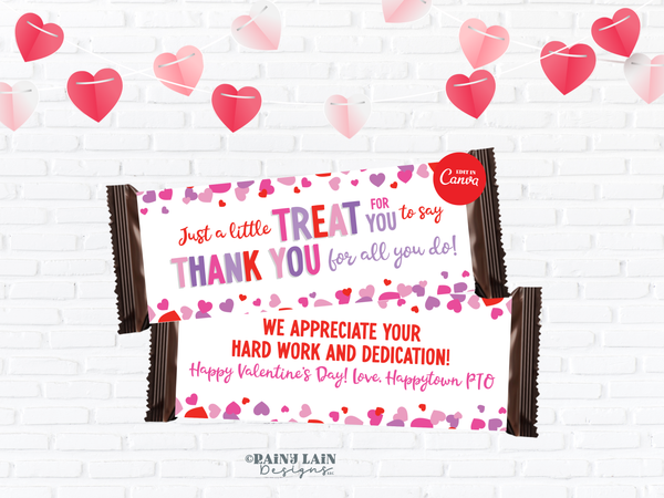 Valentine’s Day Candy Bar Wrapper Printable, Teacher & Staff Appreciation Treat, Editable Canva Heart Wrapper
