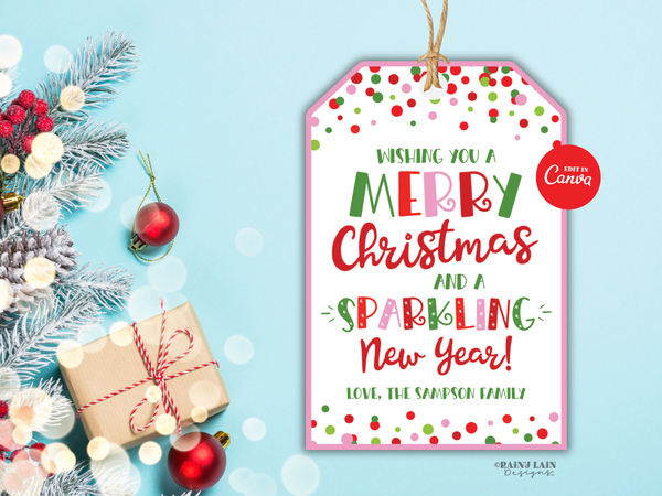 Merry Christmas and Sparkling New Year Tag, Editable Printable Pink Gift Tag