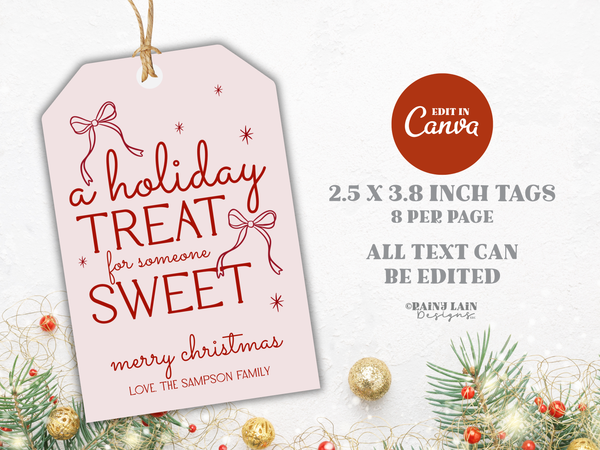 Pink Coquette Bow Holiday Treat Tag Template, Hand Drawn Christmas Gift Editable in Canva