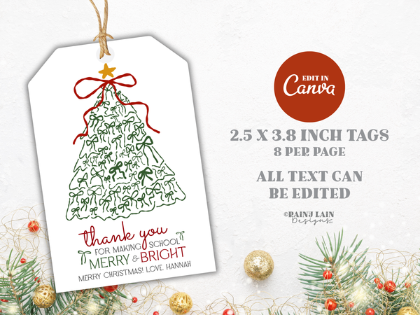Merry and Bright Gift Tag, Hand Drawn Coquette Bow Tree Christmas, Printable and Editable Canva