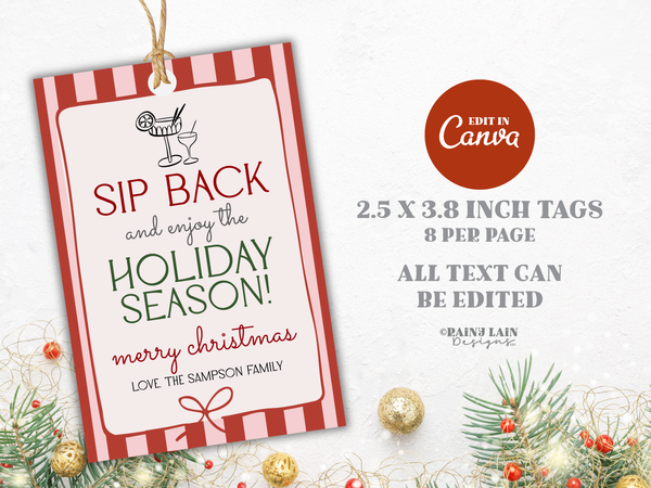 Sip Back and Enjoy the Holidays Gift Tag Template, Pink Coquette Christmas, Editable in Canva
