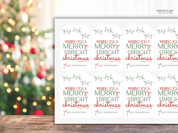 Merry and Bright Christmas Gift Tag, Hand Drawn, Coquette, Printable and Editable Canva