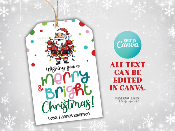 Christmas Lights Gift Tag, Merry and Bright Holiday, Printable, Editable in Canva