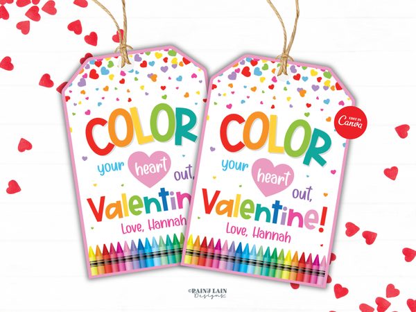 Coloring Book Valentine Tag, Color Your Heart Out, Crayon Classroom Printable, Editable Canva Template