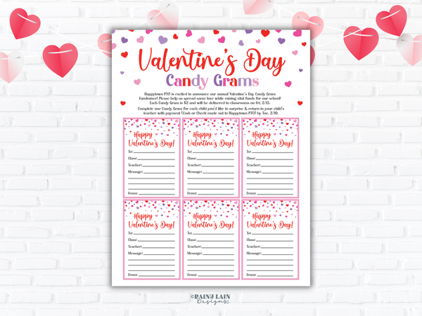 Editable Valentine's Day Candy Gram Fundraiser Flyer Template, Class Kindness Gram Printable