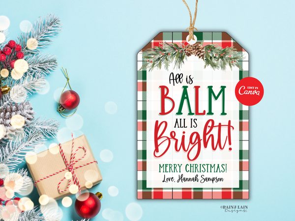 All is BALM Plaid Christmas Gift Tag for Chapstick Lip Balm, Editable in Canva