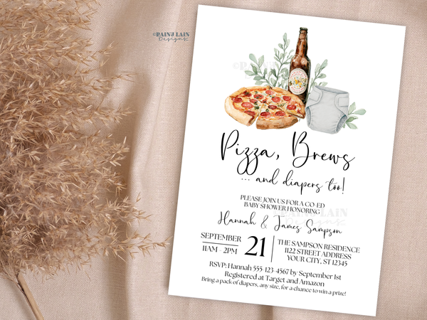Pizza Brews & Diapers Too Baby Shower Invite, Gender Neutral, Co-Ed, Editable Canva Template