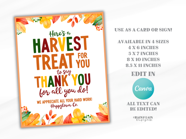 Harvest Treat Thank you Sign, Fall Appreciation Card, Thanksgiving Editable Canva Template