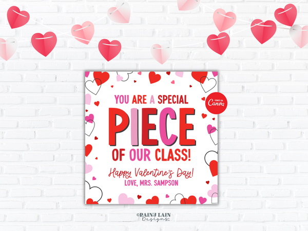 You Are a Special Piece Classroom Valentine Tag, Editable Non Candy Preschool Valentine Printable