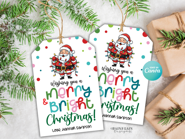 Christmas Lights Gift Tag, Merry and Bright Holiday, Printable, Editable in Canva