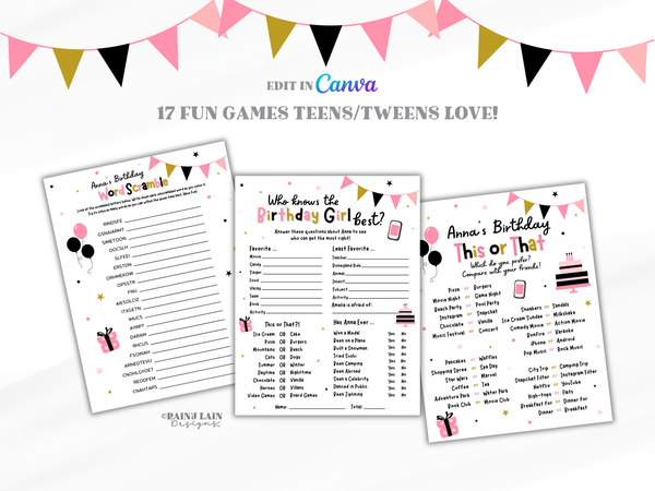 Printable Teen Birthday Party Games, Teen Girl Birthday Party Games Bundle, Editable Birthday Scavenger Hunt for Tweens and Teens, 17 Games