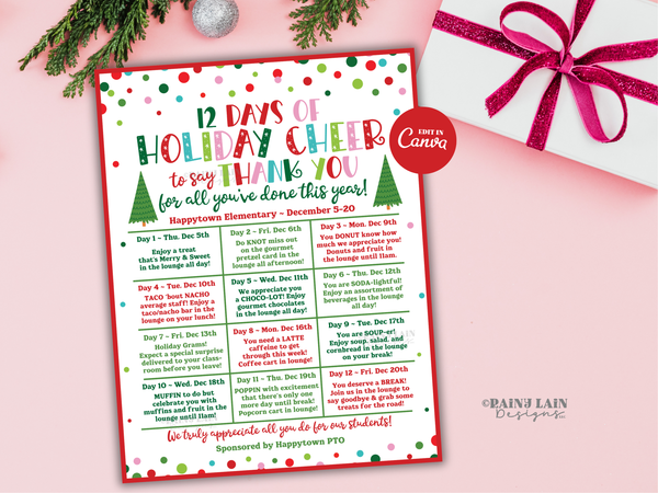 Editable Christmas Holiday Appreciation Flyer Template, 12 Days of Holiday Cheer, Christmas Calendar, Teacher School PTO PTA Event Itinerary